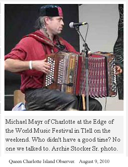 Michael plays his accordion at at the Edge of the World Music Festival, Haida Gwaii