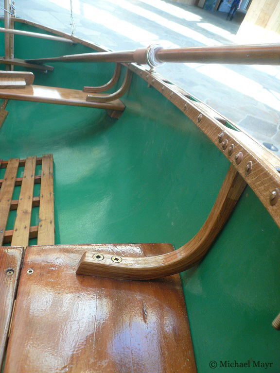 copper roves and square nails hand-riveted. 14-foot white oak steam-bent into breast-hook, braces and knees.